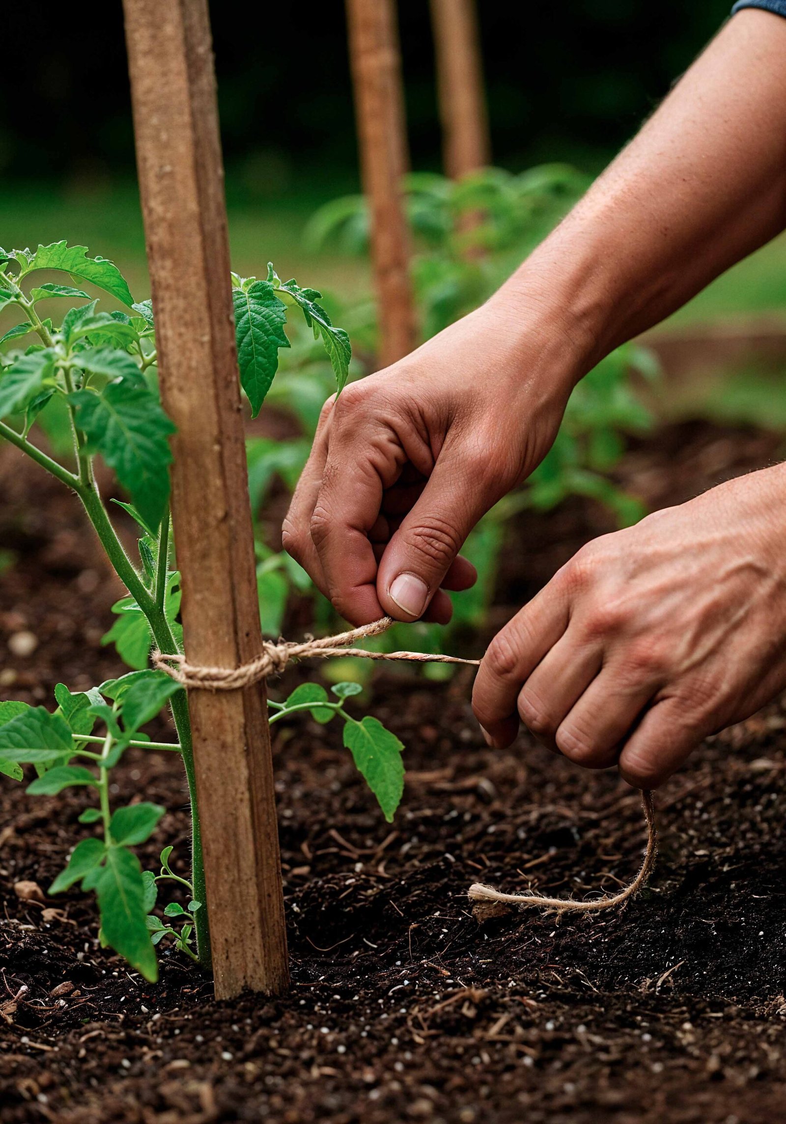 Manos amarrando una planta de tomate a su tutor en la huerta